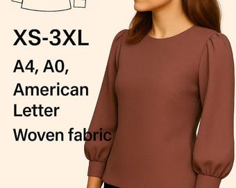 PDF Pattern: Keyhole Back Blouse with Balloon Sleeves – Modest Woven Top – All Sizes Included, Back Keyhole Blouse PDF Pattern – Loose Fit