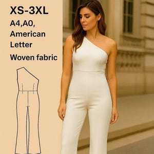 PDF One Shoulder Woven Jumpsuit Pattern, Digital Sewing Pattern for Summer, Sleeveless Jumpsuit Printable Pattern, XS to 3XL Sewing Pattern