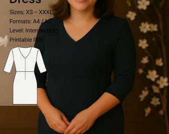 Molde de vestido reto com decote em V | Molde de vestido feminino para impressão em PDF | Tamanhos XS-3XL | A4, A0, Carta EUA | Nível intermediário