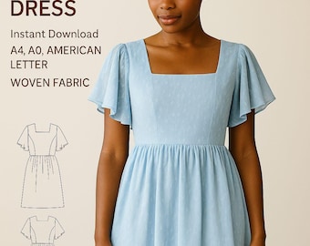 Square Neck Gathered Dress sewing pattern instant PDF download in A4, A0, and US Letter sizes, for woven fabric stylish flared short sleeves