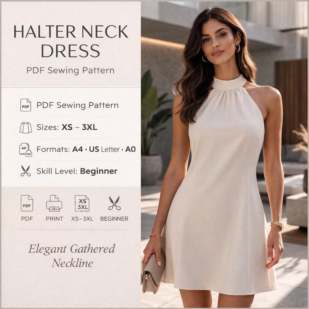 Elegant Halter Neck Dress PDF Sewing Pattern, Minimal A-line Silhouette ...