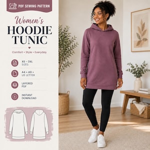 Pode incluir: Um molde de costura em PDF para uma túnica com capuz com o texto PDF SEWING PATTERN, Women's HOODIE TUNIC, Comfort Style Everyday, XS-3XL SIZES, A4 A0 US LETTER, LAYERED PDF, INSTANT DOWNLOAD e uma túnica com capuz malva.
