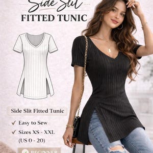 Könnte beinhalten: Ein schwarzes, seitlich geschlitztes, figurbetontes T-Shirt mit V-Ausschnitt, das auf einem Model gezeigt wird. Das Bild enthält auch eine Strichzeichnung des T-Shirts und den Text "PDF Sewing Pattern", "Easy to Sew" und "Größen XS - XXL (US 0 - 20)".