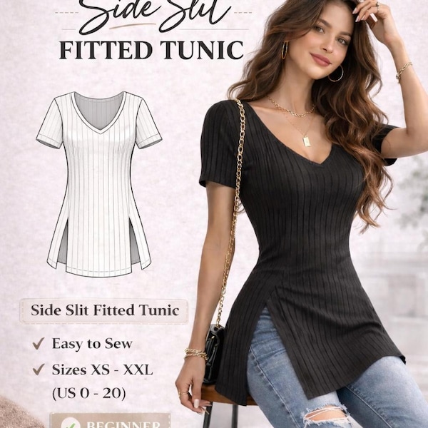 Patrón de costura en PDF para blusa con abertura lateral, patrón de costura para tejido de punto, patrón digital de tallas XS a XXXL, patrón de costura de camiseta para principiantes, patrón de túnica de punto