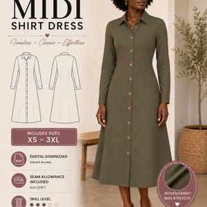 May include: A PDF sewing pattern for a midi shirt dress in olive green. The pattern includes sizes XS to 3XL, features a collar, long sleeves, and a button-down front. It is designed for non-stretchy woven fabric with a 3/8 inch seam allowance.