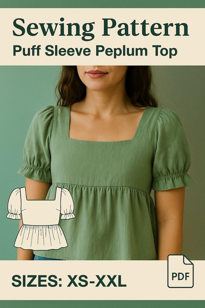 PDF Sewing Pattern Puff Sleeve Peplum Top, Square Neck Blouse Pattern ...