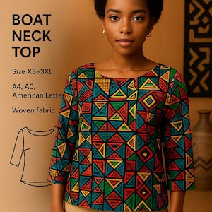 PDF Sewing Pattern– Women&#39;s Boat Neck Blouse with 3/4 Sleeves, Woven Fabric | Sizes XS–3XL, Pattern for Woven Fabric, Printable A4/A0/Letter
