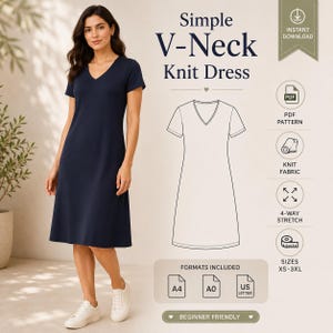 Simple V-Neck Knit Dress Sewing Pattern PDF | Women's A-Line T-Shirt Dress | Short Sleeve | XS-3XL | Instant Download