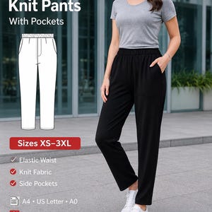 Könnte beinhalten: Ein PDF-Schnittmuster für eine Strickhose mit elastischem Bund und Seitentaschen in den Größen XS-3XL. Das Bild zeigt eine technische Strichzeichnung der Hose neben einem Foto der fertigen schwarzen Strickhose, getragen mit einem grauen T-Shirt.