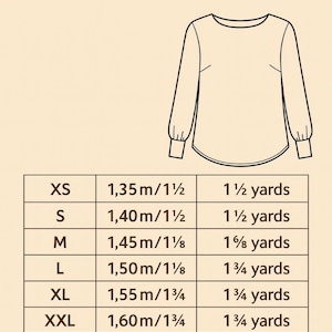 May include: A diagram for woven fabric, with a fabric width of 58 inches. The image includes a line drawing of a long-sleeved top and a size chart with measurements in yards and meters. The Modstitch Patterns CA logo is at the bottom.