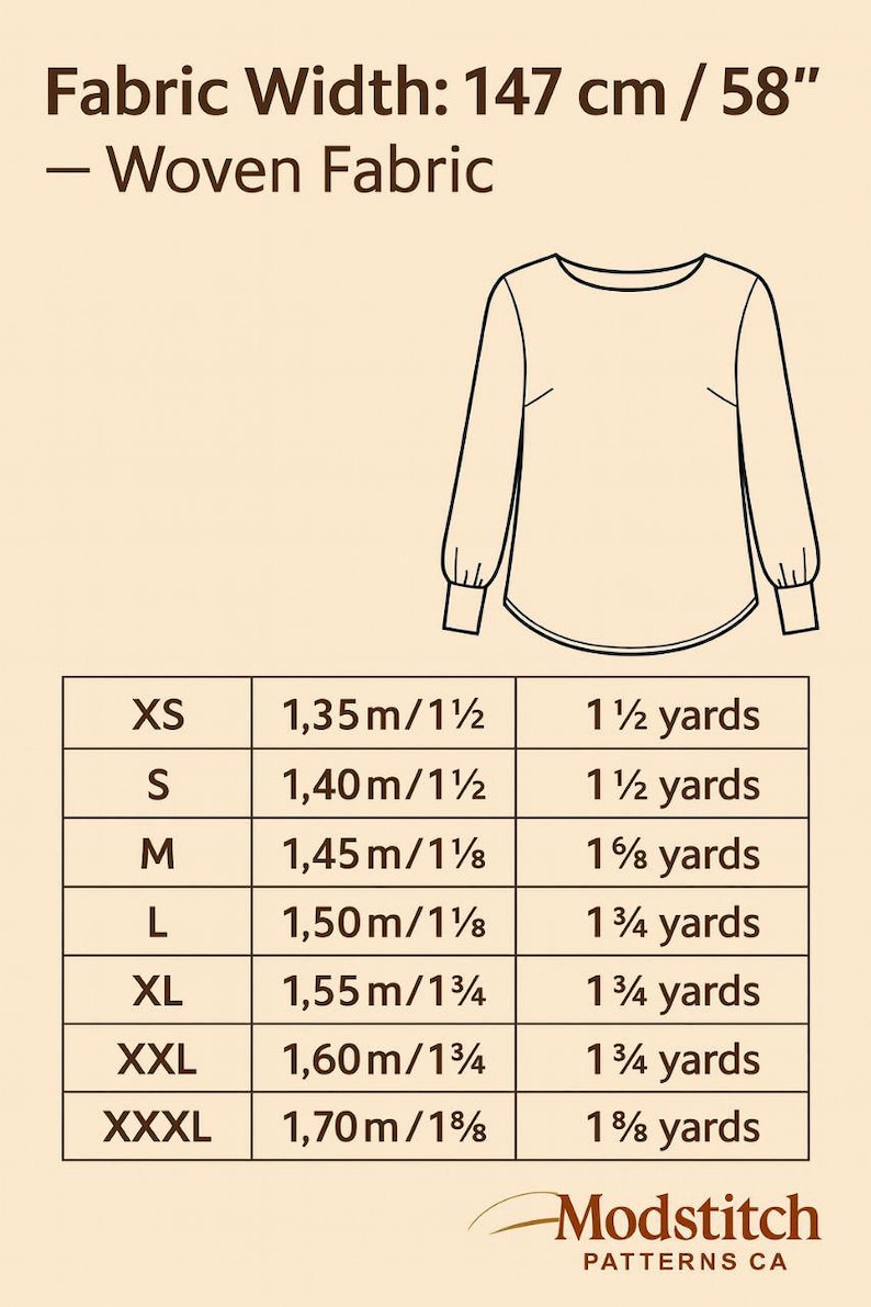 May include: A diagram for woven fabric, with a fabric width of 58 inches. The image includes a line drawing of a long-sleeved top and a size chart with measurements in yards and meters. The Modstitch Patterns CA logo is at the bottom.