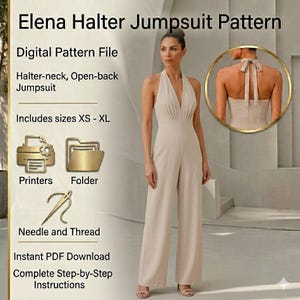 May include: Elena Halter Jumpsuit Pattern digital file for a beige halter-neck, open-back jumpsuit in sizes XS-XL. Includes icons for printers, folder, and needle and thread. Text reads: Elena Halter Jumpsuit Pattern, Digital Pattern File, Instant PDF Download.
