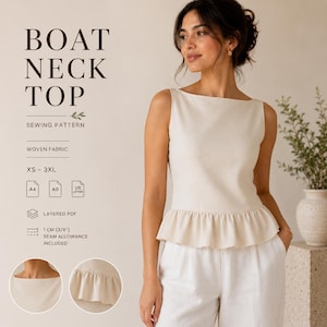 May include: A sleeveless boat neck top sewing pattern for woven fabric in sizes XS to 3XL. The design features a ruffled peplum hem and includes a 1 cm (3/8 inch) seam allowance. The digital file is a layered PDF compatible with A4, A0, and US letter.
