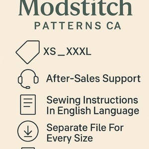 May include: A cream-colored graphic with the text "Modstitch PATTERNS CA" and icons indicating XS-XXXL sizes, after-sales support, sewing instructions in English, separate files for each size, and suitability for US Letter & A4.