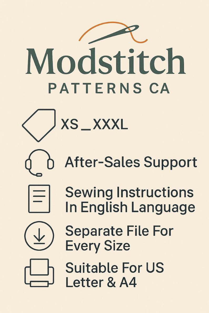 May include: A cream-colored graphic with the text "Modstitch PATTERNS CA" and icons indicating XS-XXXL sizes, after-sales support, sewing instructions in English, separate files for each size, and suitability for US Letter & A4.