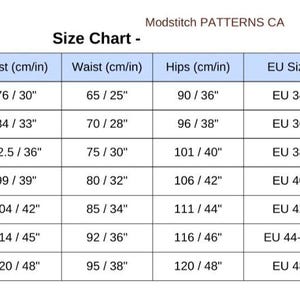 May include: A size chart from Modstitch PATTERNS CA, with measurements in inches and centimeters. The chart includes sizes XS to XXXL, listing bust, waist, and hip measurements, along with corresponding EU and US sizes. The chart is on a white background.