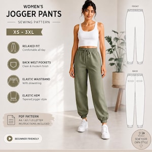 May include: A sewing pattern for jogger pants in sizes XS to 3XL. The design features an elastic waistband with a drawstring, back welt pockets, and elastic hems. The digital PDF pattern includes instructions for A4, A0, and US letter printing.
