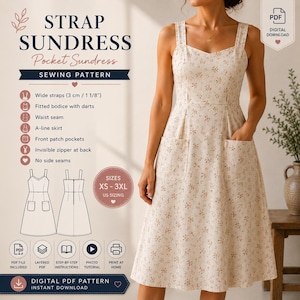 Patron de couture PDF pour robe d'été à bretelles | Robe trapèze femme | Robe à poches plaquées | Robe à larges bretelles | XS-3XL | A4, A0, Lettre US | Téléchargement numérique