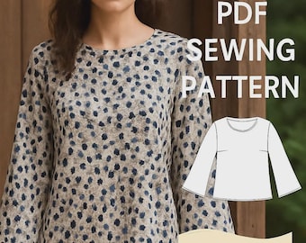 Könnte beinhalten: Eine Frau trägt ein langärmliges Oberteil mit beigem Hintergrund und blauen Punkten. Das Bild enthält den Text "PDF SEWING PATTERN" und die Größenangabe "XS-XXXL". Eine Strichzeichnung des Oberteils ist ebenfalls abgebildet.