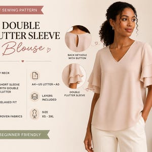 May include: A PDF sewing pattern for a double flutter sleeve blouse with a V-neck, back keyhole with button, and relaxed fit. The pattern includes layers for sizes XS to 3XL, compatible with A4, US letter, and A0 paper formats for woven fabrics.