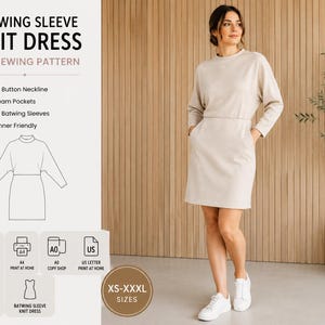 May include: A PDF sewing pattern for a beige knit dress with batwing sleeves, a back button neckline, and in-seam pockets. The pattern includes sizes XS-XXXL and is compatible with A4, A0, and US Letter printing formats for home or copy shop use.