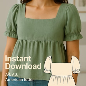 May include: A sage green top with a square neckline and short, puffed sleeves. The top has a gathered waist and is made of woven fabric. Text on the image reads "Instant Download" and "Woven fabric". A line drawing of the top is also shown.