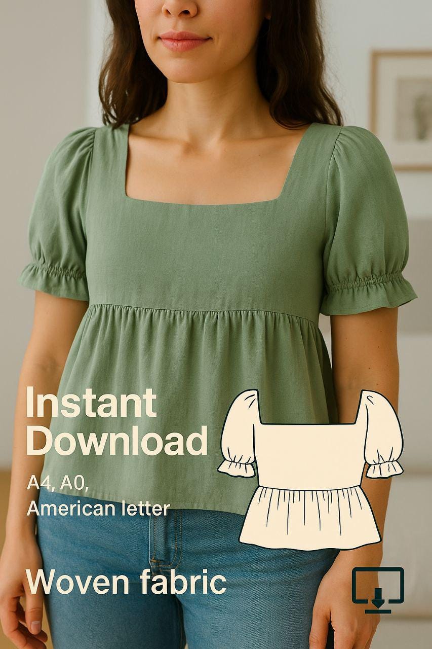 PDF Sewing Pattern Puff Sleeve Peplum Top, Square Neck Blouse Pattern ...
