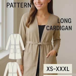 May include: A tan long cardigan sewing pattern with a tie belt and pockets. The image includes a diagram of the cardigan and text that reads "PDF Sewing Pattern", "Long Cardigan", "XS-XXXL", "A4 • A0 • US Letter", and "Beginner".