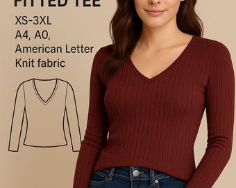 PDF Schnittmuster – Tailliertes T-Shirt mit V-Ausschnitt | Größen XS–3XL | Strickstoff | Sofortdownload | A4, A0, US Letter | Anfänger freundlich, Top Muster