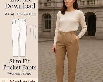 May include: A woman wearing a cream-colored long-sleeve top and tan slim-fit pocket pants. The image includes a pattern for slim-fit pocket pants, with the text "Instant Download" and "Slim Fit Pocket Pants".