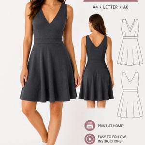 May include: A PDF sewing pattern for a sleeveless knit dress with a V-neckline and a flared skirt. The pattern includes sizes XXS to 5XL, with A4, Letter, and A0 print formats. The design features a fitted bodice and a waist seam, suitable for knit fabrics.