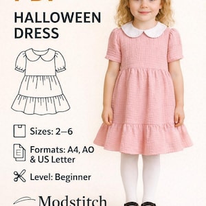 kids Halloween Costume Sewing Pattern | Pumpkin Print Dress | Sizes 2–6 Years | Easy PDF Download | Beginner Friendly, Girls Ruffle Dress