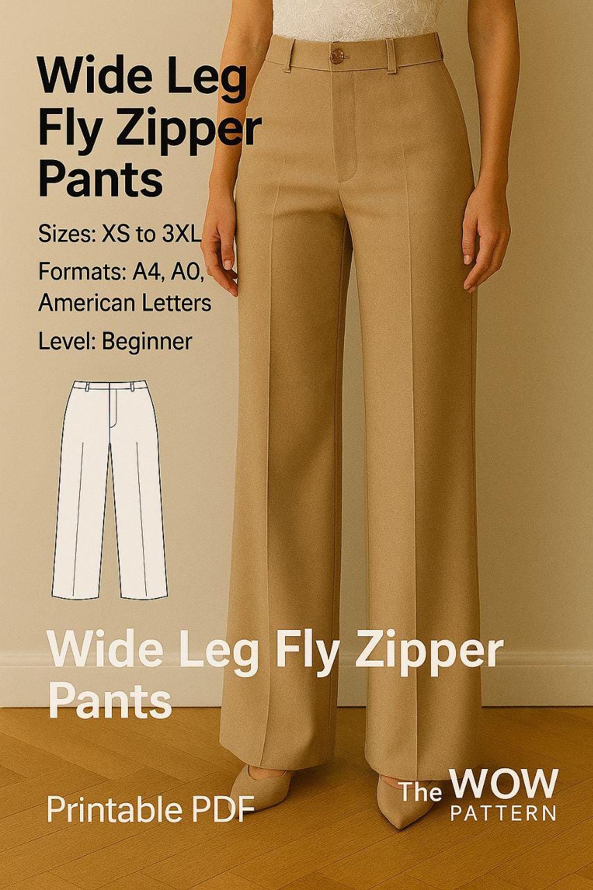 PDF Wide Leg Fly Zipper Pants Pattern, Digital Pants Sewing