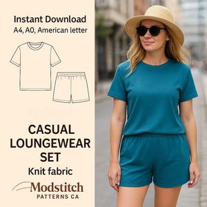 Mönster för casual loungewear-set – Kortärmad topp och shorts med dragsko – Stickat tyg – PDF-mönster A4, A0, US Letter – Storlekar S–3XL