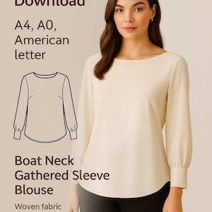 Pode incluir: Uma blusa creme com decote em barco e mangas franzidas. A imagem inclui um desenho a traço da blusa e o texto que diz "Download A4, A0, American letter" e "Boat Neck Gathered Sleeve Blouse Woven fabric."