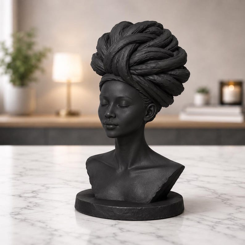 Woman Bust Sculpture, Modern Headwrap Statue, Minimalist Black Art ...
