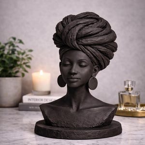 May include: A dark charcoal-colored bust sculpture of a woman with closed eyes, wearing a turban and large round earrings. The sculpture is on a round base. A lit candle and a potted plant are in the background.