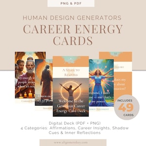 May include: A deck of 49 career energy cards with affirmations, career insights, shadow cues, and inner reflections. The cards feature images of people and text such as "A Spark to Respond" and "Inquiry". The deck is a digital PDF and PNG.