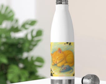 Botella de agua aislada para amantes de los gatos, estampado de gatito durmiendo, 590 ml (20 oz) de acero inoxidable