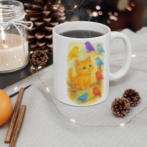 Orange Cat and Birds Mug 11oz, Cute Animal Print Coffee Cup, Gift for Cat Lovers, Colorful Ceramic Tea Mug, Animal Lover Gift