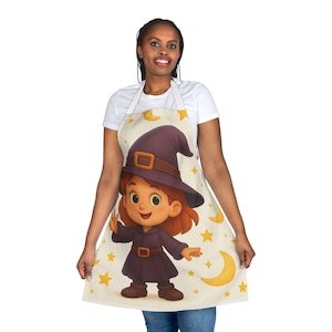 Apron, Halloween Witch and Moon Print, Kitchen Cooking Baking Gift, Adjustable Straps, Costume, Spooky, Witchcraft, Fall Decor