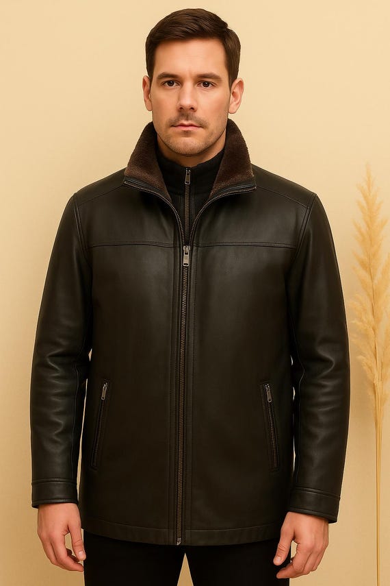 Moroccan Black Leather Coat, Faux Fur Lined Winter Jacket, Zip Front Outerwear