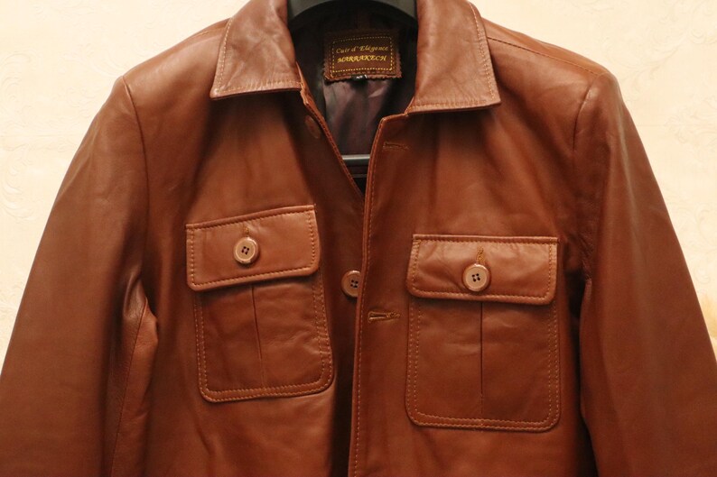 mens leather jacket, brown leather coat, leather field coat, brown field jacket, four pocket jacket, button front coat, classic leather coat, soft leather jacket, retro leather coat, mens brown jacket, utility leather coat, cognac leather coat, collared leather coat