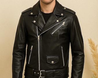 Moroccan Black Leather Biker Jacket, Silver Zippers, Snap Lapels, Moto Style