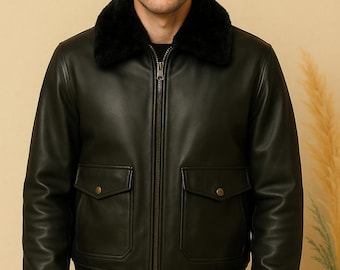 Men's Moroccan Leather Bomber Jacket, Fur Collar Aviator Coat, Vintage Style Travel Ready