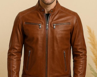 Men's Moroccan Leather Jacket, Cognac Moto Biker Style, Stand Collar Zip Coat