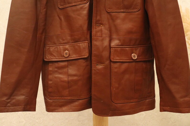 mens leather jacket, brown leather coat, leather field coat, brown field jacket, four pocket jacket, button front coat, classic leather coat, soft leather jacket, retro leather coat, mens brown jacket, utility leather coat, cognac leather coat, collared leather coat