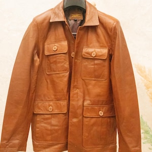 mens leather jacket, brown leather coat, leather field coat, brown field jacket, four pocket jacket, button front coat, classic leather coat, soft leather jacket, retro leather coat, mens brown jacket, utility leather coat, cognac leather coat, collared leather coat