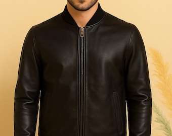 Men's Black Moroccan Leather Bomber Jacket, Minimalist Zip Flight Outerwear