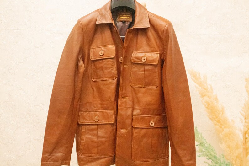 mens leather jacket, brown leather coat, leather field coat, brown field jacket, four pocket jacket, button front coat, classic leather coat, soft leather jacket, retro leather coat, mens brown jacket, utility leather coat, cognac leather coat, collared leather coat